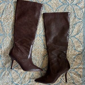 Express Women's Knee-High Pointed-Toe Boots in Dark Brown Croc-Embossed